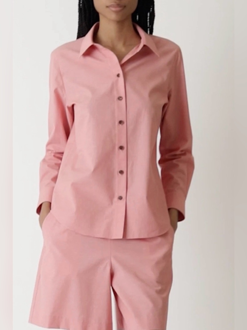 Lafayette 148 New York Slub Cotton Button-Up Shirt Pink Collared Long Sleeve M
